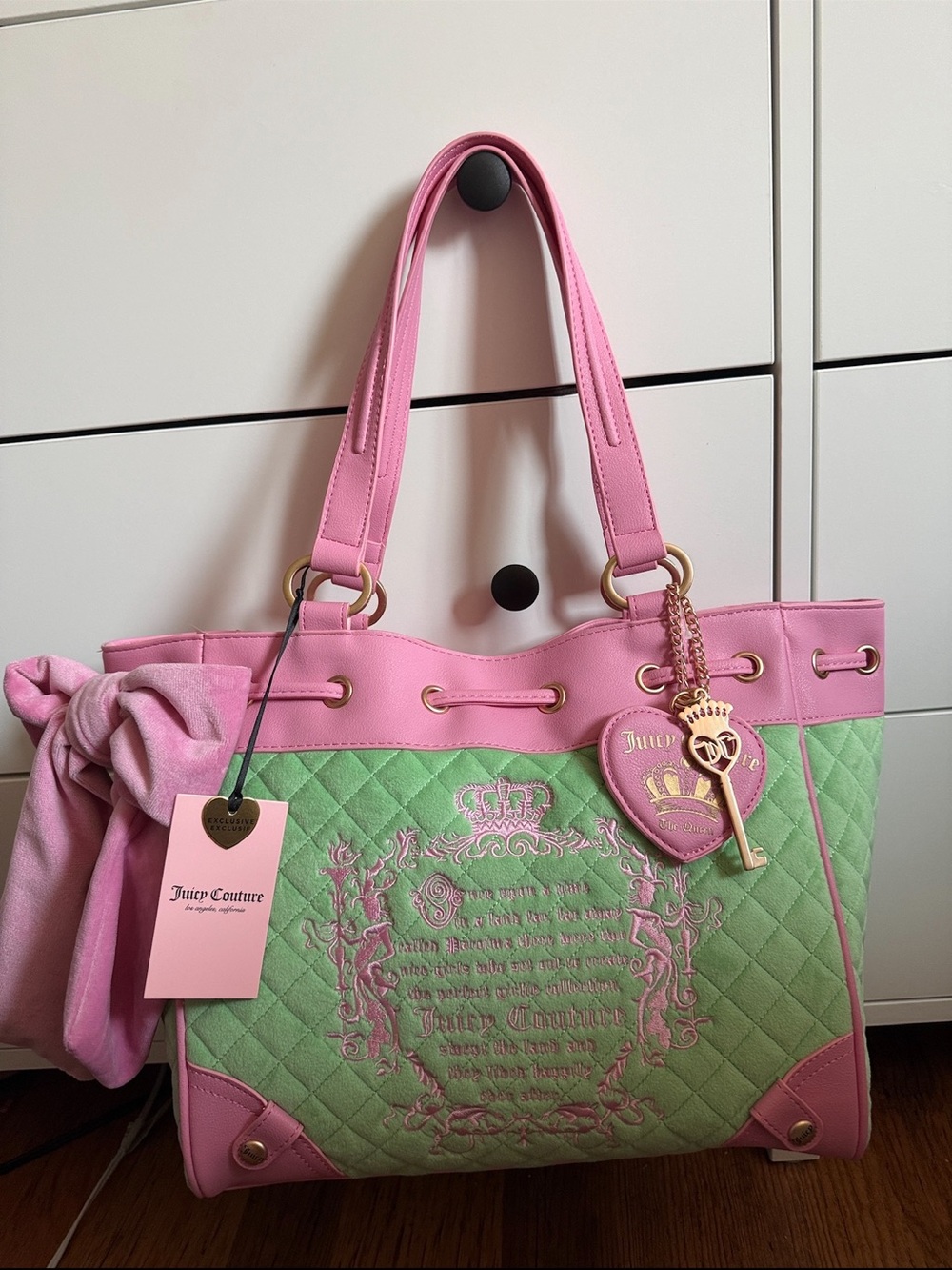 Juicy Couture Pink and Green daydreamer tales Quilted Tote with Heart Key Charm